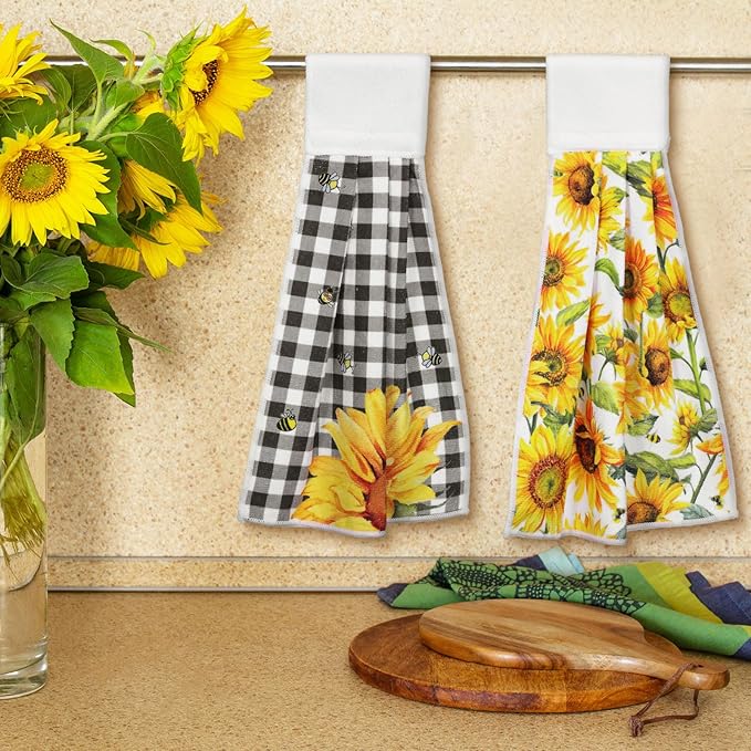 Tegeme 6 Pcs Hanging Kitchen Towels with Loop, Absorbent Hand Tie Towels Microfiber Decorative Fast Drying Kitchen Hanging Towel for Home Bathroom(Sunflower)