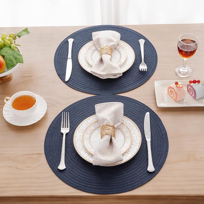SHACOS Round Placemats Set of 8 Washable 15 inch Round Table Mats Cotton Polyester Woven Braided Place Mats for Dining Table, Navy