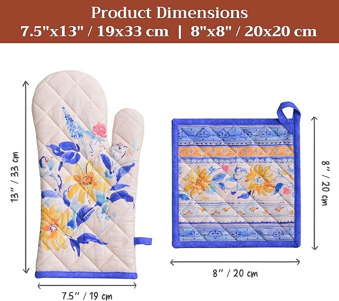 Maison d' Hermine 100% Cotton Oven Mitt & Pot Holder Set (7.5"x13" & 8"x8") Heat Resistant BBQ Cooking Gloves with Loop Baking Grilling Kitchen Gifts for Mothers Day Spring/Summer (Girassol)