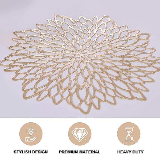 Snowkingdom Pack of 8 Gold Metallic Round Placemats Bulk Round Pressed Vinyl Leaf Dinning Kitchen Table Mats Decoration for Christmas Wedding Thanksgiving Party