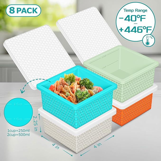 Silicone Freezer Molds for Soup Cubes - 2-Cup Freezer Storage Container Tray with Lid, 8 Pack Stackable Ice Cube Trays for Portion Control,Food Storage & Meal Prep,Oven & Dishwasher Safe