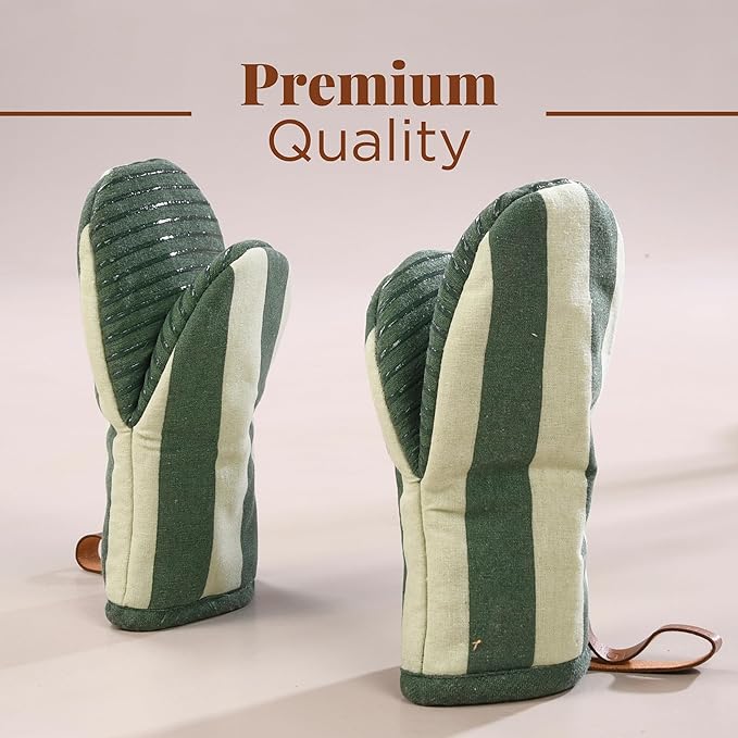Folkulture Oven Mitts - Set of 2 (5.75"x9") | Oven Mitts with Hanging Loop for Cooking Gifts for Women, Kitchen Decor| 100% Cotton, Silicone Heat Resistant Mini Mitts - House Warming Gifts (Matcha)