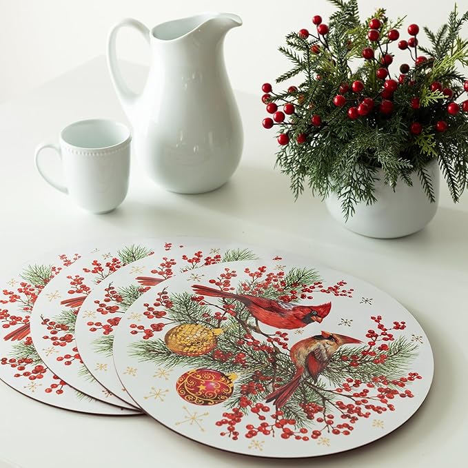 Benson Mills Cork Placemats Set of 4, Thick Cork Place Mats for Kitchen and Dining Tables, Easy Clean Table Mats for Christmas, Winter, and Holidays (13.75" Round Set of 4, Festive Cardinals)