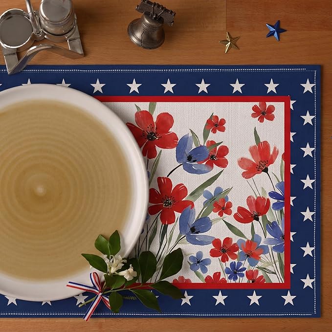 Patriotic Red White Blue Floral Placemats, USA 250th Anniversary 1776-2026 Independence Day Placemats, Watercolor Floral Patriotic Table Mats for 4th of July Memorial Day Party Decor, Set of 6