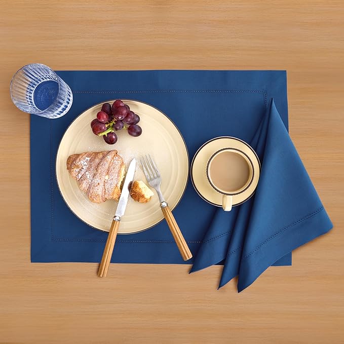 Solino Home Cotton Linen Napkins Set of 4 - Hemstitch Lapis Blue Dinner Napkins Cloth 20 x 20 Inch for Mothers Day - Handcrafted and Machine Washable