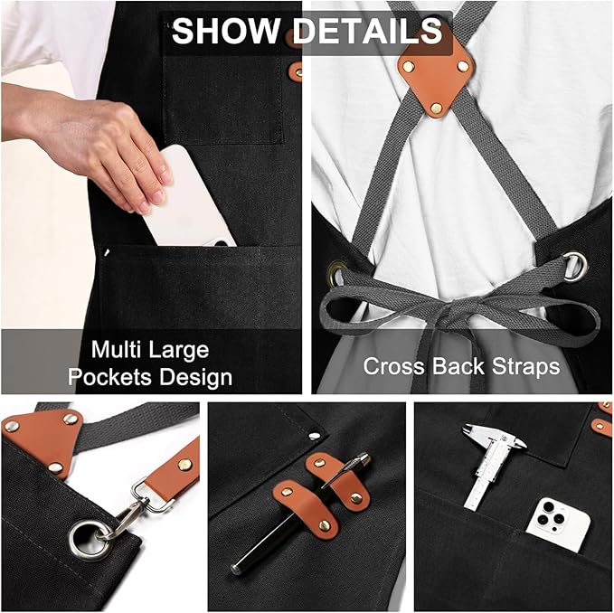 ZOMAO Chef Apron for Women Men with Large Pockets, Cotton Canvas Cross Back Waterproof Work Aprons for Kitchen Cooking Bib