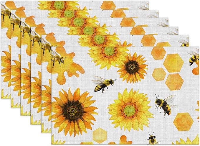 Sunflower Honey Bee Placemats Set of 6, Washable Heat Resistant Table Mat Linen Place Mats for Party Kitchen Dining Home Decor 12x18 Inch