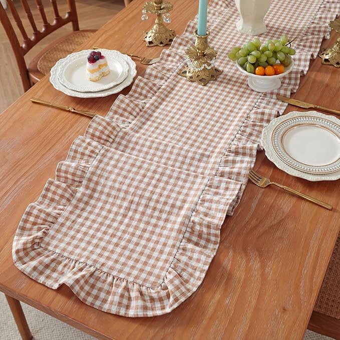 HunnmingRe 1 Pcs Brown Plaid Gingham Ruffle Table Runner 118 x 13.8'' Farmhouse Table Runner 100% Cotton Scalloped Long Dresser Scarves for Dining Room, Wedding, Kitchen Rustic Home Decor