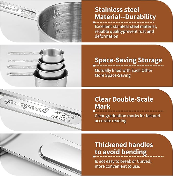 Measuring Cups and Spoons Set (8 Piece), Stainless Steel Measuring，4 Spoons, 4 Cups, Metal Measuring Cups for Cooking & Baking