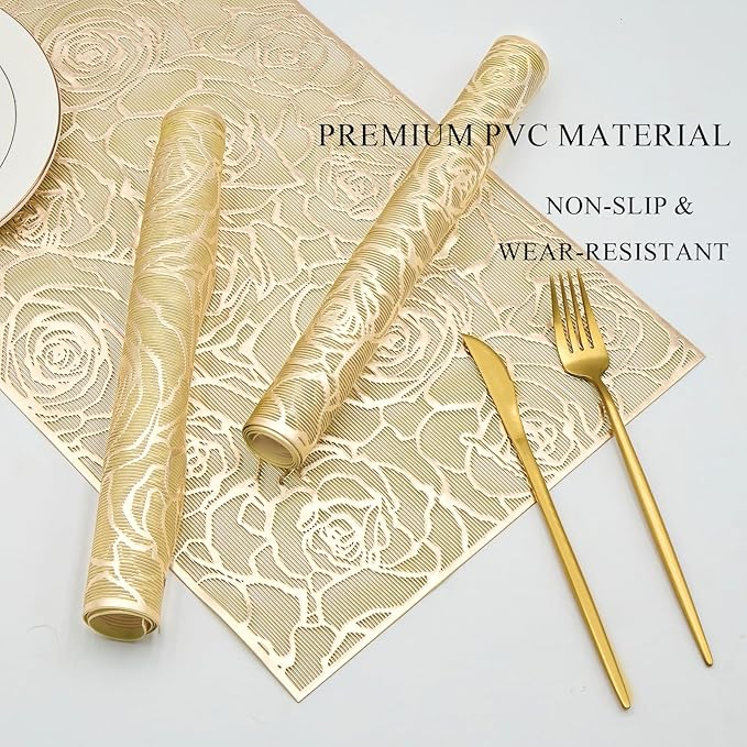 Gold Placemats Set of 6 Rectangle Pressed Vinyl Metallic Flower Place Mats Hollow-Out Rose Heat Resistant Waterproof Oil-Proof Table Mats Decorative for Kitchen Table Holiday Wedding Party Decor