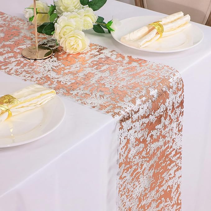 Snowkingdom Rose Gold Table Runner 11 Inch x 49 Feet Glitter Sequin Metallic Pink Thin Mesh Runner Sparkly Rose Table Decorations for Wedding, Bridal Shower, Baby Shower Birthday Party