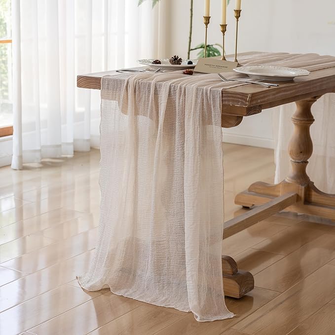 Keketoarrange 6pcs Beige Cheesecloth Table Runner Gauze Rustic 120 Inch 10 FT for Wedding Baby Shower Bridal Shower Birthday Engagement Garden Party Long Sheer Boho Spring Easter Home Decorations