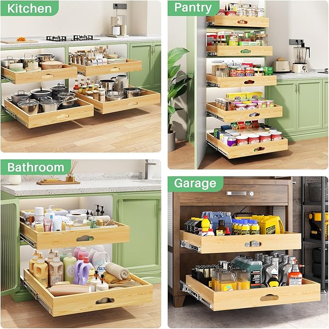 Pull Out Cabinet Organizer, Soft Close Wooden Slide Out Drawers for Pots and Pans, Full-extension Roll Out Shelves for Kitchen Cabinets, Pantry Organization, Bottom & Side Mount( 21"W X 21"D x 3.4''H)