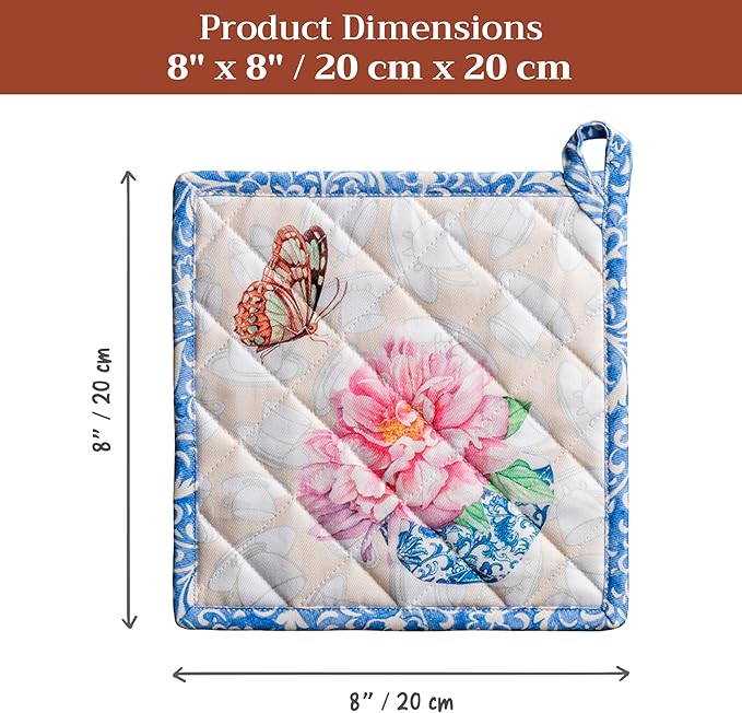 Maison d' Hermine Pot Holders 100% Cotton Heat Resistant Potholders 8" x 8" Hot Pads with Loop BBQ Cooking Baking Gifts for Mothers Day Handling Hot Pans Spring/Summer (Pack of 1, Canton)