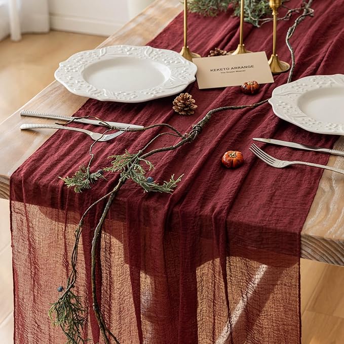 Keketoarrange 6pcs Burgundy Table Runner Red Table Runner Cheesecloth Gauze 120 Inch 10 FT Rustic Boho Cheese Cloth Runner for Wedding Baby Bridal Shower Party Long Sheer Spring Home Decorations