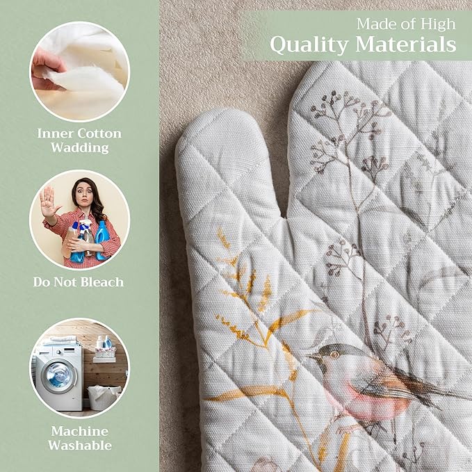Maison d'Hermine Oven Gloves 100% Cotton Oven Mitt 7" x 13" with Loop Heat Resistant BBQ Cooking Gloves Baking Grilling Gifts for Mothers Day Spring/Summer (Pack of 1, Meadow Florals - Beige)