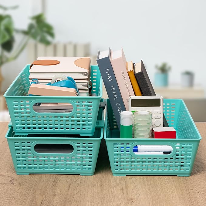 Tiawudi Stackable Woven Plastic Basket, Storage Bins for Cabinet, Closet, Shelf, Under Sink and Countertop, Pantry Organizer Bins, 6 Pack