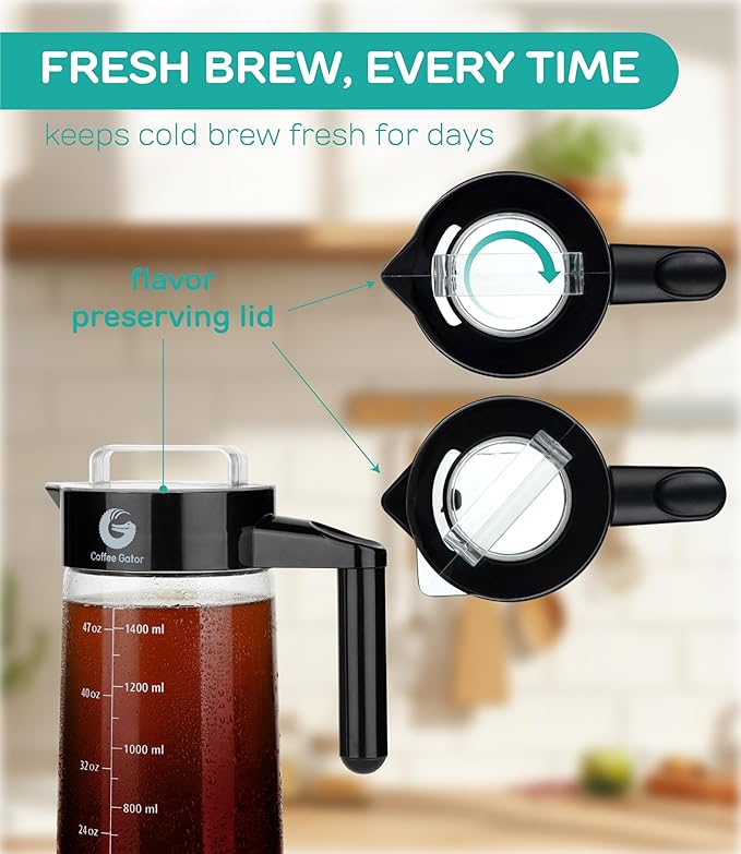 Coffee Gator Cold Brew Coffee Maker - 47 oz Iced Tea and Iced Coffee Maker and Pitcher with Borosilicate Glass Carafe, Filter - Black