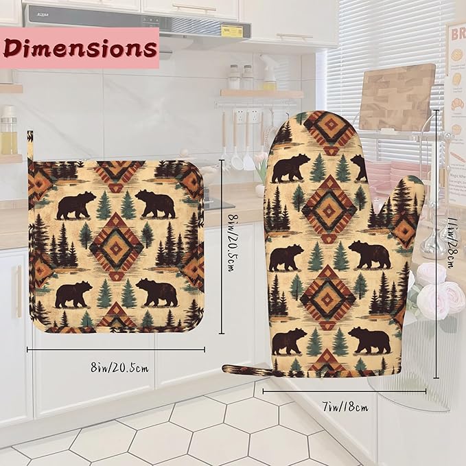 Tribal Bear Retro Geometric Silicone Oven Mitts and Pot Holders,Heat-Resistant 4 Piece Kitchen Set Non-Slip Oven Gloves and Hot Pads for Cooking, Baking, Grilling,BBQ