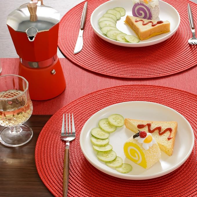 FunWheat Round Braided Placemats Set of 8 Place Mats for Dining Table Woven Washable Non-Slip Table Mats 15 Inch(Red,8pcs)