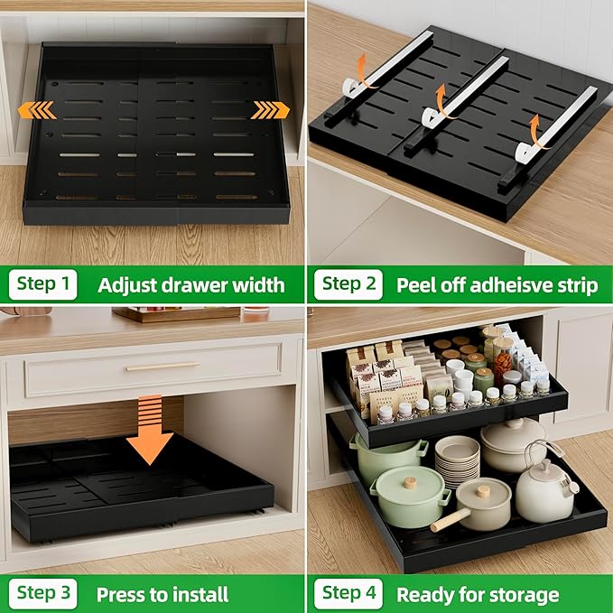 PAKETA 1 Pack Expandable Pull Out Cabinet Organizer, 21'' Deep Pull Out Drawers for Cabinets, Upgrade 3 Slide Rails Sliding Drawers for Cabinet with Adhesive Nano Film (Black)
