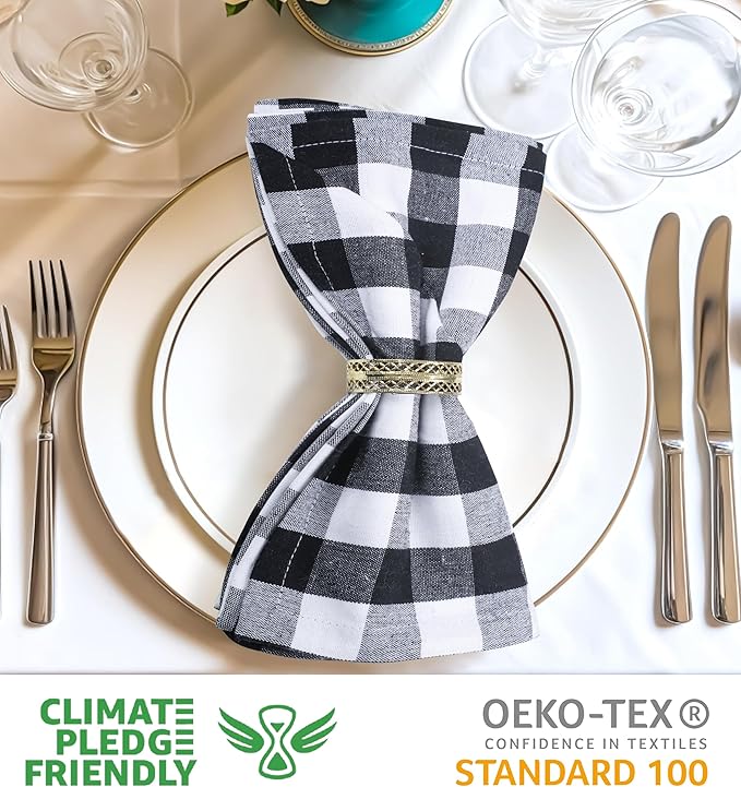 Urban Villa Cloth Napkins Set of 12 20x20 Inches 100% Cotton Napkins Cloth Washable Durable Reusable Absorbent Table Dinner Napkins Cloth for Hotel Lunch Restaurant Weddings Parties-Black white Checks