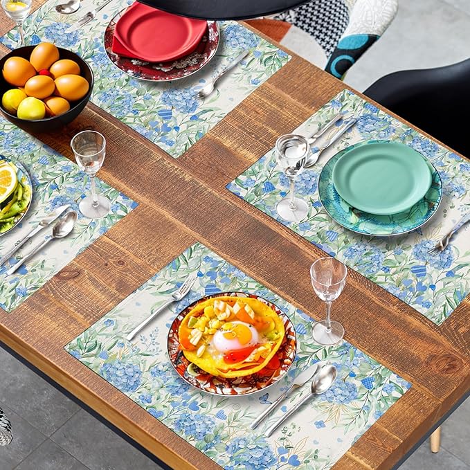 Hydrangea Spring Summer Placemats Set of 4 Sage Green Eucalyptus Leaves Blue Floral Butterfly Placemat 12x18 Inch Seasonal Holiday Table Place Mats for Farmhouse Kitchen Dining Decor