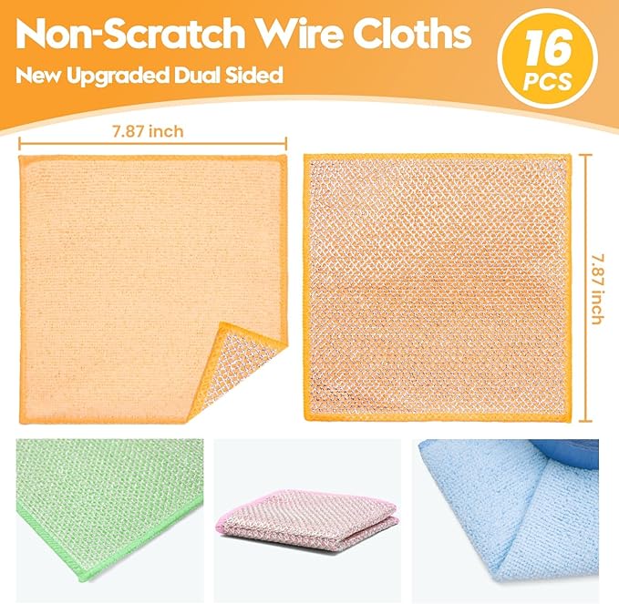 16 Pcs Multipurpose Wire Dishwashing Rags, Upgraded Dual-Sided Non Scratch Wire Dishcloth, Reusable Metal Wash Cloth, Steel Wool Cleaning Cloths for Kitchen, Cookware, Sinks, Stove Tops
