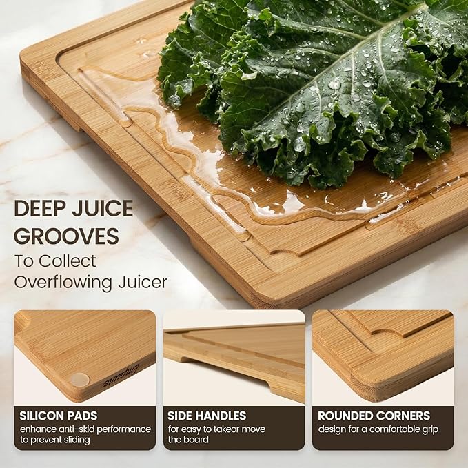 Extra Large Cutting Board Set of 3, Bamboo Cutting Boards for Kitchen with Juice Groove and Handles Kitchen Chopping Board for Meat Cheese board Heavy Duty Serving Tray, Empune