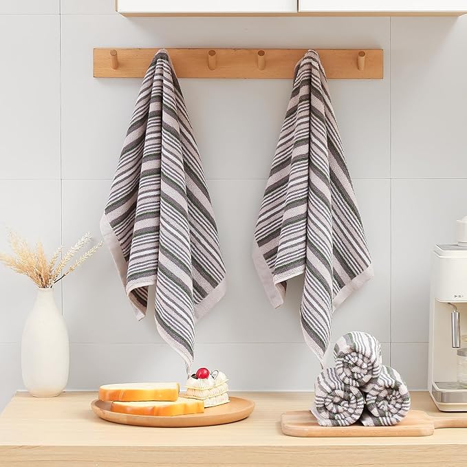 SALAS Kitchen Dish Towels for Drying Dishes, Large Cotton Kitchen Towels, Stripped Terry Dish Cloths, Thick Highly Absorbent Towel Sets with Hanging Loop, 16" X 26", 6 Packs, Grey with Green