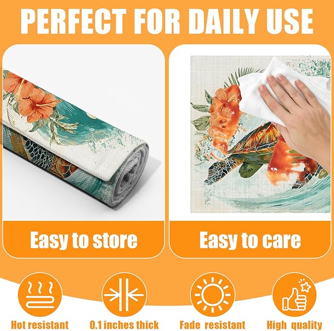 Sea Turtle Flowers Placemats Set of 6,12 x 18 Inch Table Mats Washable Heat Resistant Linen Fabric Rectangle Place Mat for Party Home Kitchen Dining