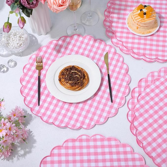 Set of 6 Round Placemats 15 Inch Cotton Scalloped Embroidery Placemat Washable Double Layered Rustic Dinner Table Mat Decor Fabric for Hotel Restaurant Kitchen(Pink,Plaid)