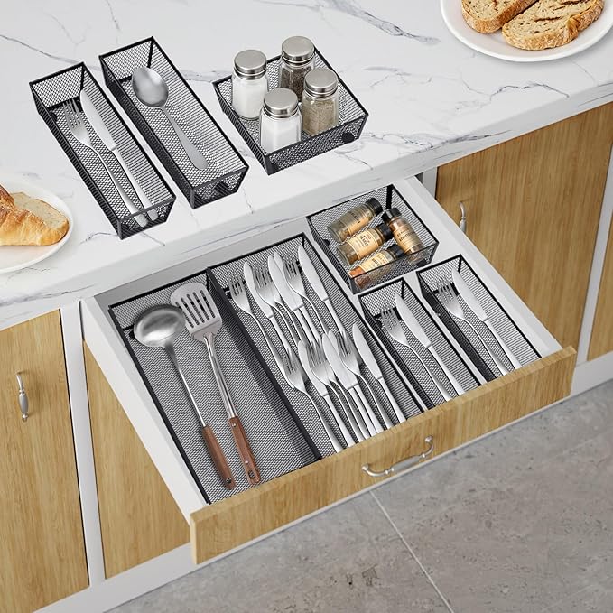 Neudeco Drawer Organizer - Silverware Tray - 5 Compartment Cutlery Tray, Black Pack 5