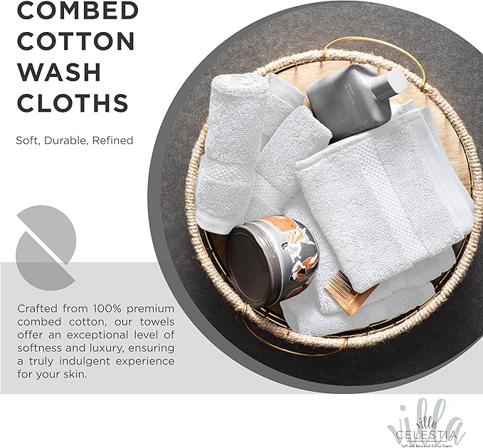 100% Cotton Wash Cloth for face & Body Set of 6, (12 x 12 inches) Sustainable, Soft, Highly Absorbent, Combed Cotton Wash Cloths Pack of 6 for Hotels, Spa, Bathroom, Dorm, White