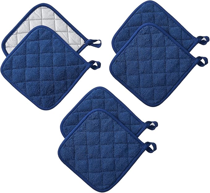 Kitchen Pot Holders Set Heat Resistant Pure Cotton Potholders Kit Trivets Large Coasters Hot Pads Terry Pot Holders for Everyday Cooking and Baking by 7 x 7 Inch Set of 6 Dark Blue