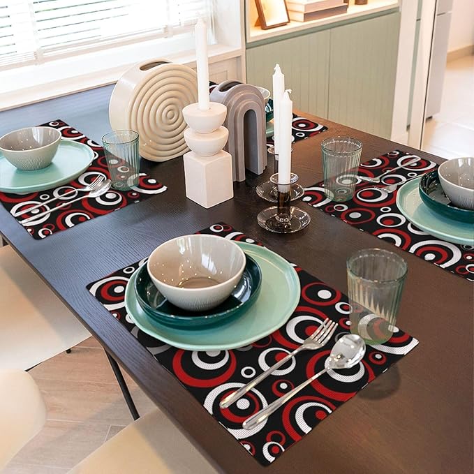 Set of 4 Modern Geometric Black Red and White Circles Patterned Linen Placemats, 12 x 18 Inch Non-Slip Heat Resistant Abstract Art Red Black Table Mats for Kitchen Home Party Dining Table, Home Decor