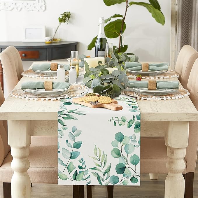 Bonhause Eucalyptus Leaves Table Runner 13x90 Inch Green Leaf Plants Spring Summer Seasonal Holiday Kitchen Dining Table Decoration for Indoor Outdoor Home Party Decor