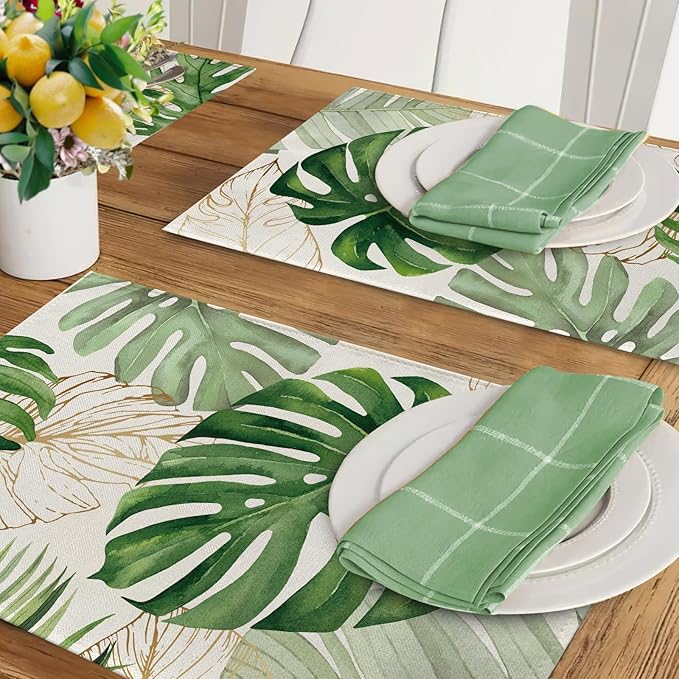 Seliem Spring Summer Palm Leaves Placemats Set of 4, Tropical Greenery Monstera Plant Dining Table Place Mats, Hawaii Seasonal Kitchen Decor Home Decoration 12 x 18 Inch