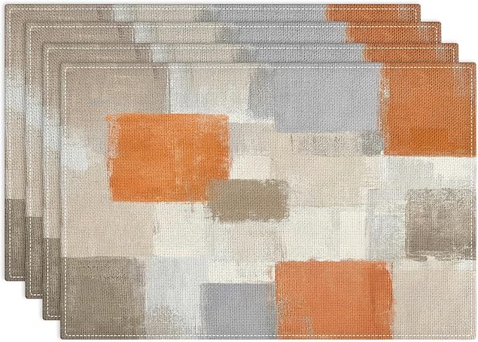 Emvency Farmhouse Placemats Set of 4, Vintage Orange and Grey Art Painting 12x18 Inch Abstract BeigeTable Mats for Outdoor Home Party Kitchen Dining Decoration