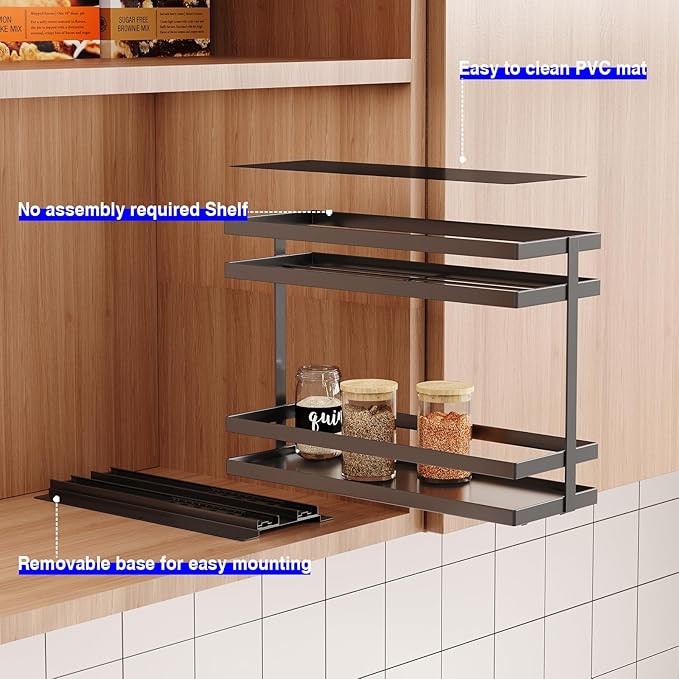 Mustorn Pull Out Spice Rack Organizer for Cabinet, 2 Tier Metal Slide Out Seasoning Organizer and Storage Heavy Duty Vertical Spice Rack Shelf Pullout for Kitchen Cabinets No Drilling(1 Pack, Black)