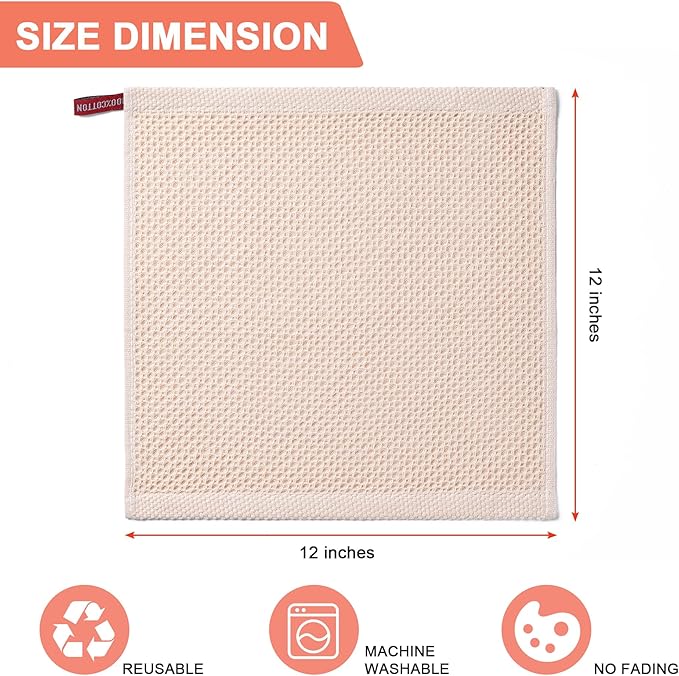 BOOMIBOO 6-Pack Kitchen Dish Cloths, 100% Cotton Waffle Weave, Ultra Soft Absorbent, Quick Drying Dish Towels, 12x12 Inches,Multi Color