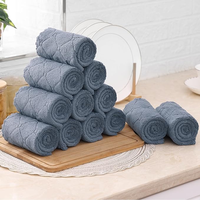 Mordimy 18 Pack Kitchen Cloths Dish Towels (10" x 10", Dark Grey & White), Super Soft and Absorbent Dish Cloths, Coral Velvet Microfiber Cleaning Cloth, Nonstick Oil Fast Dry Dishcloths