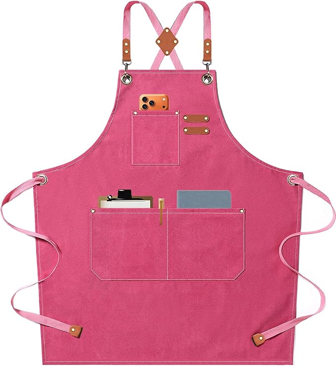 AFUN Chef Aprons for Men Women with Oversized Pockets, 16-Ounce Cotton Canvas Cross Back Heavy Duty Work Apron (Pink)