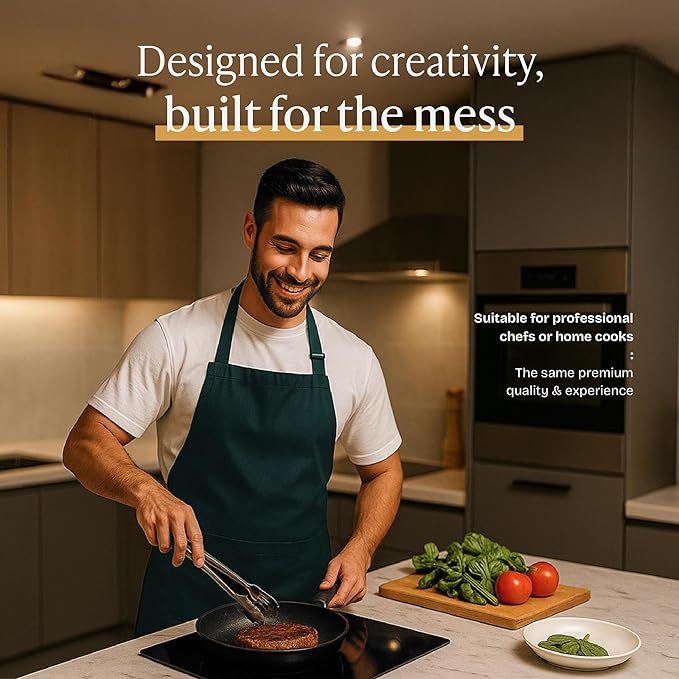 Will Well Kitchen Apron for Men and Women - 33" x 27" Oil-and-Water-Resistant with Adjustable Neck Strap and 38" Waist Ties for a Snug Fit, Lightweight with 2 Front Pockets - 1-Pack, Green