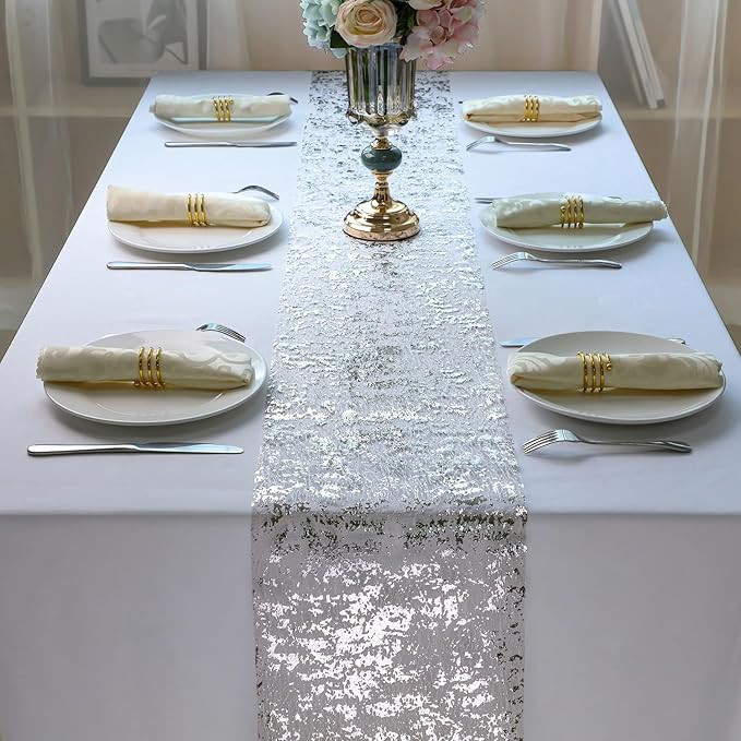 Snowkingdom Glitter Metallic Silver Table Runner 11 Inch x 32 Feet Thin Mesh Sparkle Runner Roll Silver Table Decorations for Wedding Bridal Shower, Baby Shower, Christmas, Birthday Party （1PC）