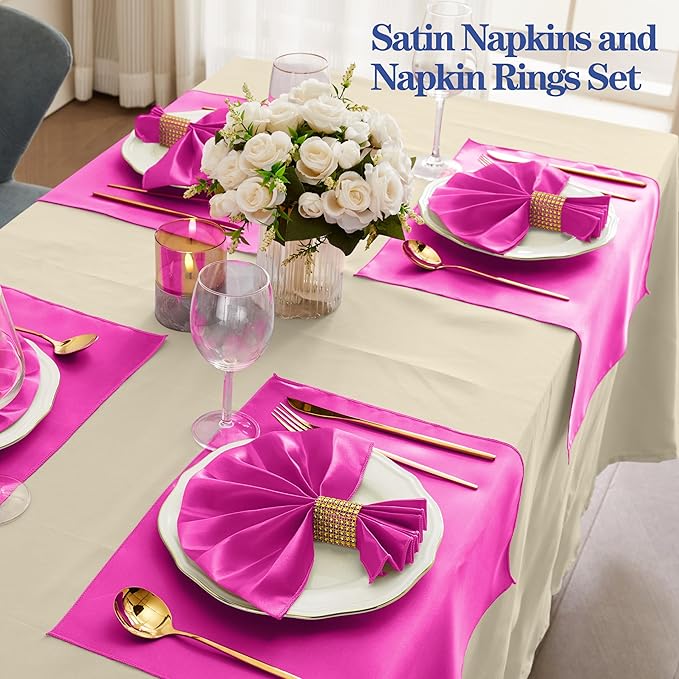 RUDONG M 100 Pcs Hot Pink Satin Napkins and Napkin Rings Set, 17 x 17 Inch Square Cloth Napkins Set of 50, Silky Soft Table Napkins Bulk for Weddings, Banquet, Parties Dinner Decoration