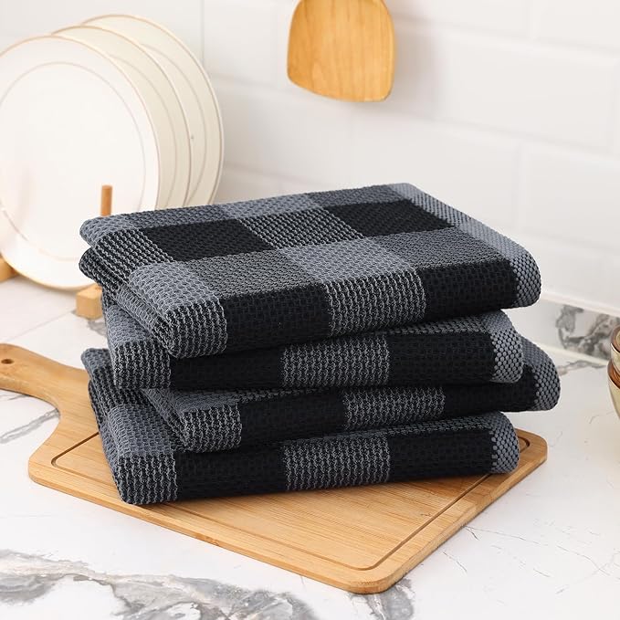 Mordimy 100% Cotton Waffle Weave Kitchen Towels, 20 x 28 Inches, Super Soft and Absorbent Buffalo Check Large Dish Towels for Drying Dishes, 4-Pack, Black & Grey