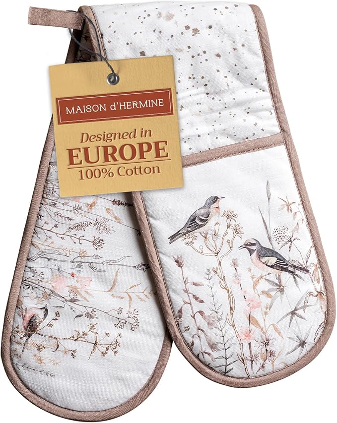 Maison d' Hermine Double Oven Mitts 100% Cotton 7"x35" Double Oven Mitt Heat Resistant BBQ Cooking Gloves with Loop Baking Grilling Gifts for Mothers Day Spring Summer (Meadow Florals - Brown)