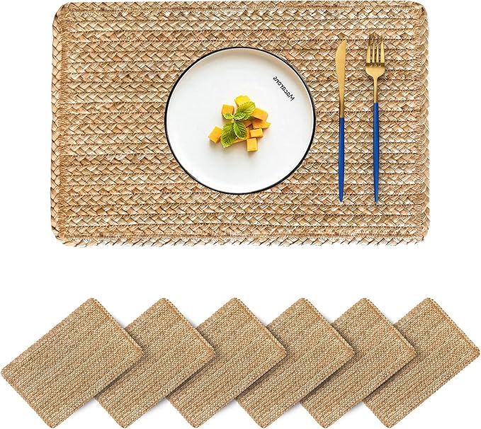 Woven Placemats Set of 6 Rattan Placemats Rectangle Natural Placemats Wicker Heavy Braided Straw Placemat Farmhouse Square Plates Place mats for Indoor/Outdoor Patio Table 17.7'' X 11.8''