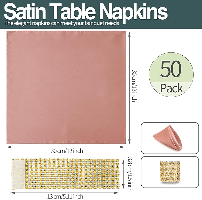 100 Pack Rose Gold Satin Napkins and Napkin Rings Set, 12 x 12 Inch Silky Soft Cloth Napkins Set of 50, Square Satin Dinner Table Napkins Bulk for Wedding Banquet Graduation Party Decoration
